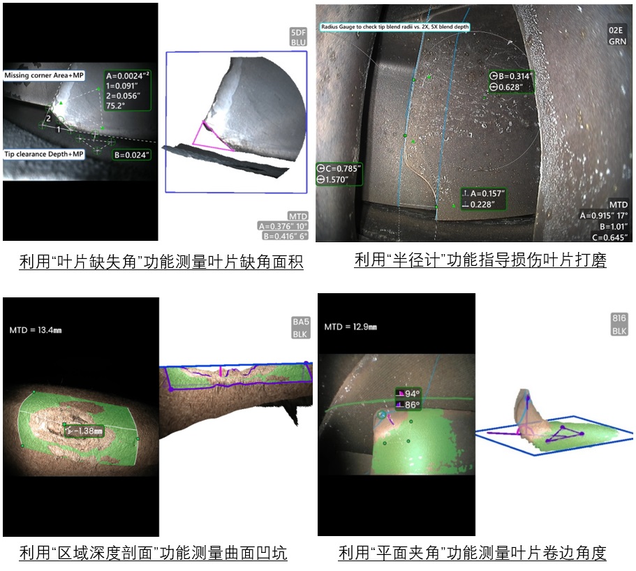 葉片缺失角、半徑計(jì)、區(qū)域深度剖面、平面夾角等測(cè)量模式